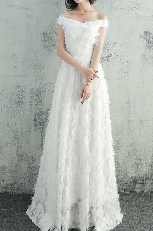 Feather Fringe Off Shoulder A-Line Formal Gown