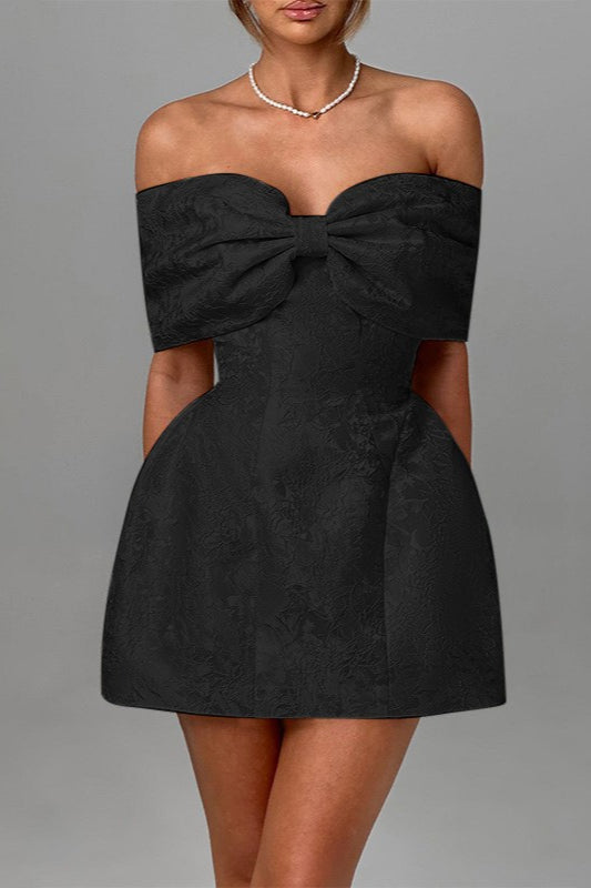 Off Shoulder Oversized Bow Brocade Structured A-Line Mini Party Dress
