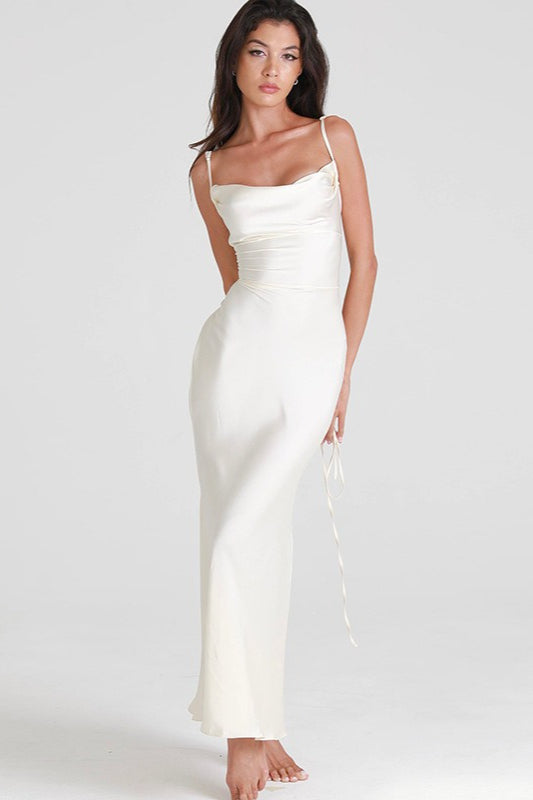 Satin Cowl Neck Spaghetti Strap Slim Maxi Prom Dress