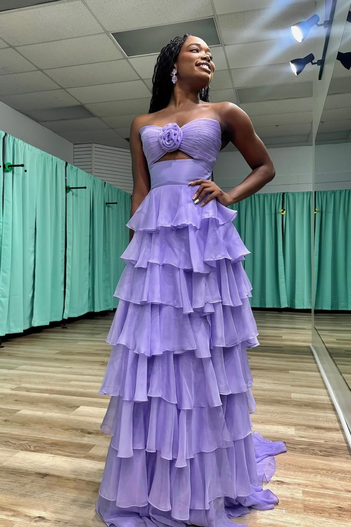 Cute Royal Blue A-Line Strapless Long Tiered Prom Dress with Slit