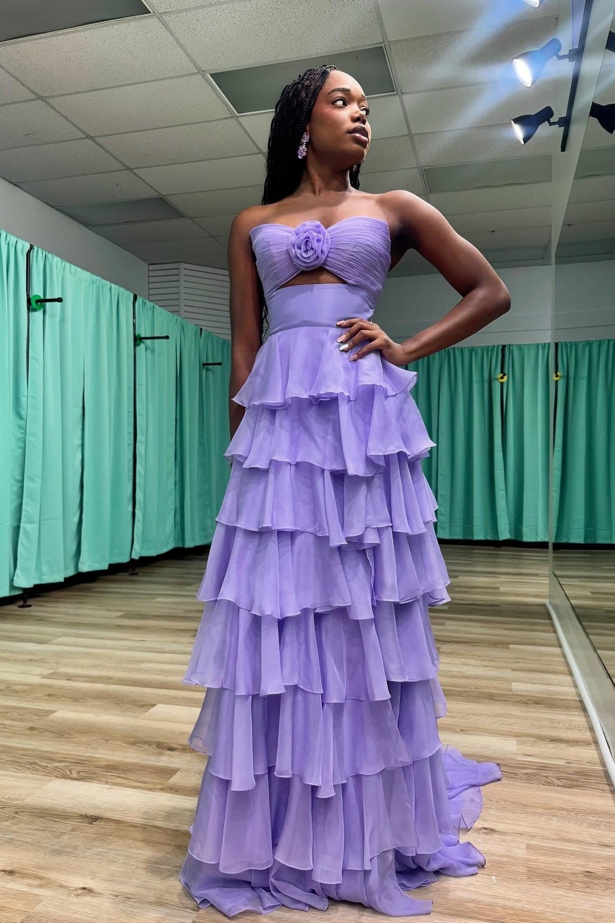 Cute Royal Blue A-Line Strapless Long Tiered Prom Dress with Slit