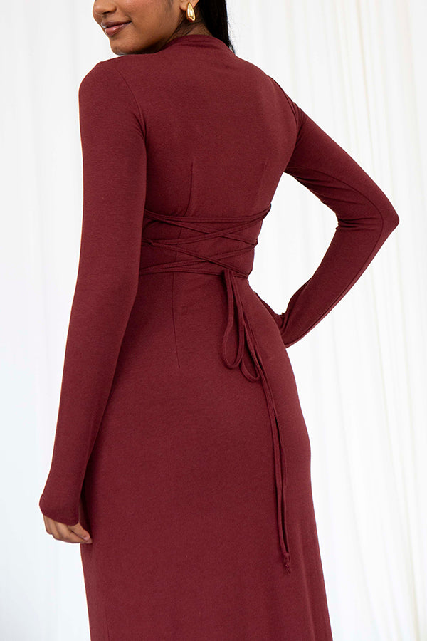 Long Sleeve High Neck Ruched Side Ruffle Slit Maxi Dress 11