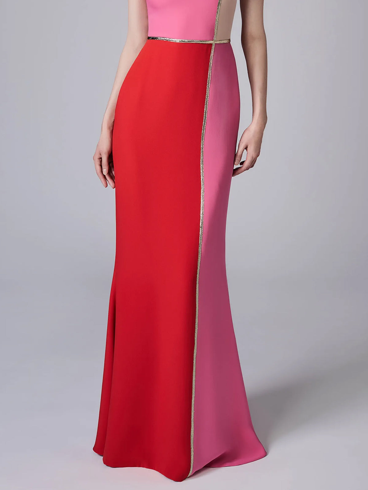 Sleeveless Color Block Contrast Piping Bodycon Mermaid Hem Maxi Gown