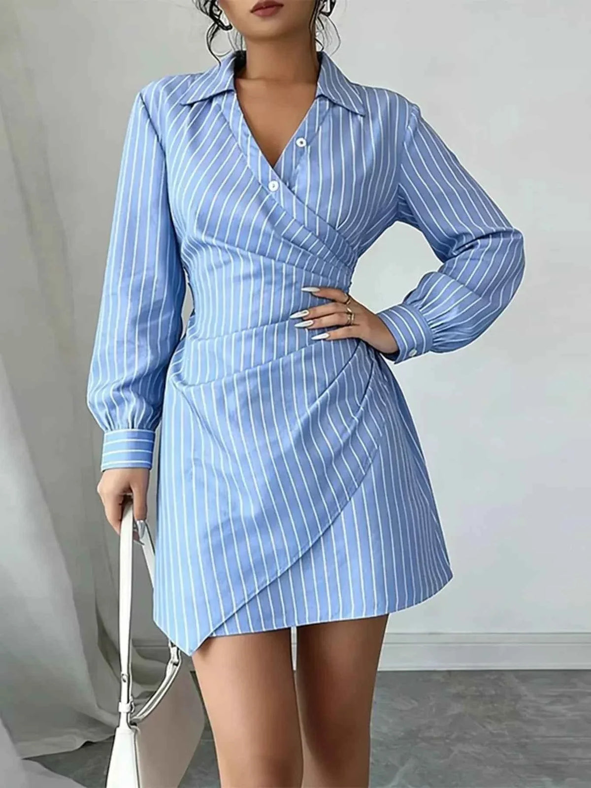 Striped Collared Wrap Front Ruched Long Sleeve Mini Shirt Dress 2