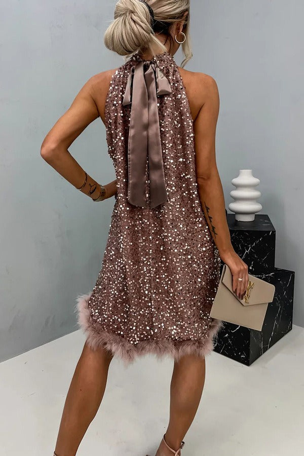 Sequin Halter Neck Feather Trim Tiered Mini Dress