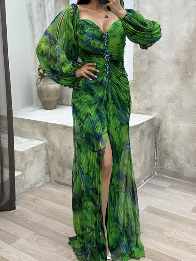Off Shoulder Rhinestone Bodice Bishop Sleeve Pleated High Split Maxi Gown