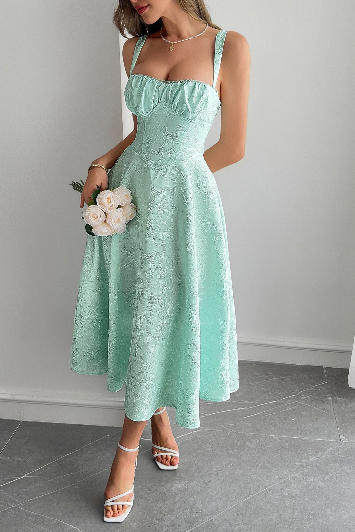 Jacquard Sweetheart Lace Trim Corset Bodice Pocket A-Line Midi Dress - View 6