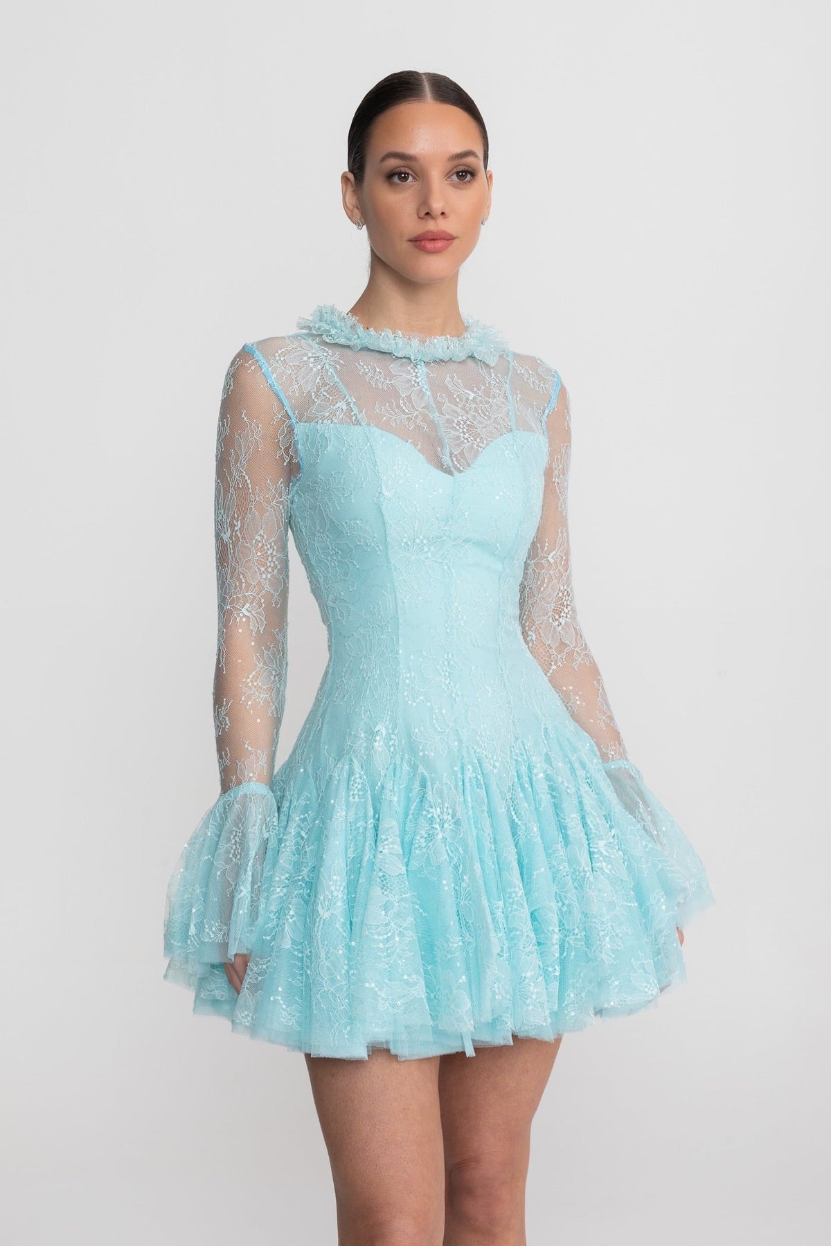 Sheer Lace Ruffle Neck Long Sleeve Flared Cuff Ruffle Hem Mini Dress