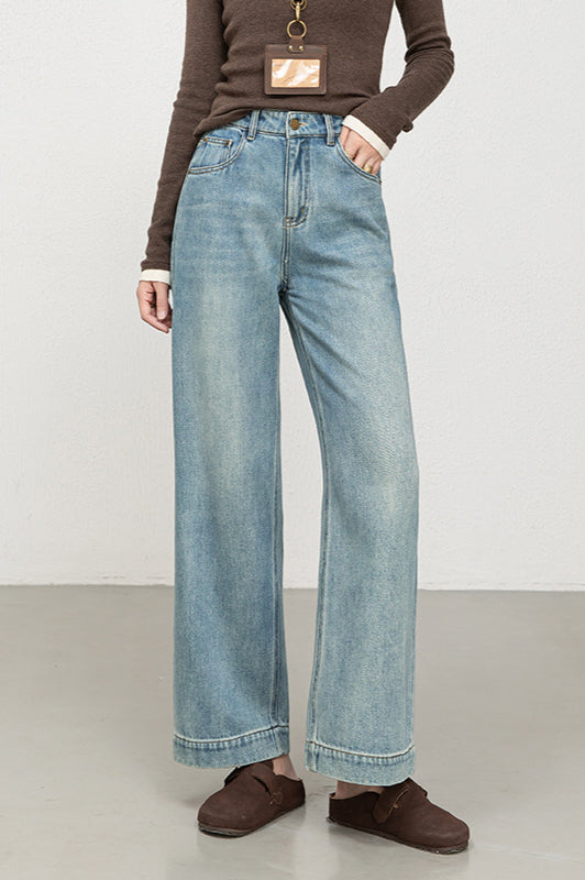 High Waist Faded Wash Wide Hem Straight Leg Denim Jeans