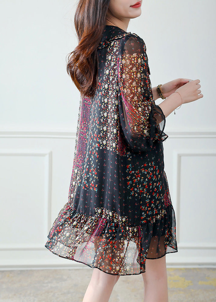 Chiffon Ruffle Trim V-Neck Long Sleeve Tiered Floral Mini Dress