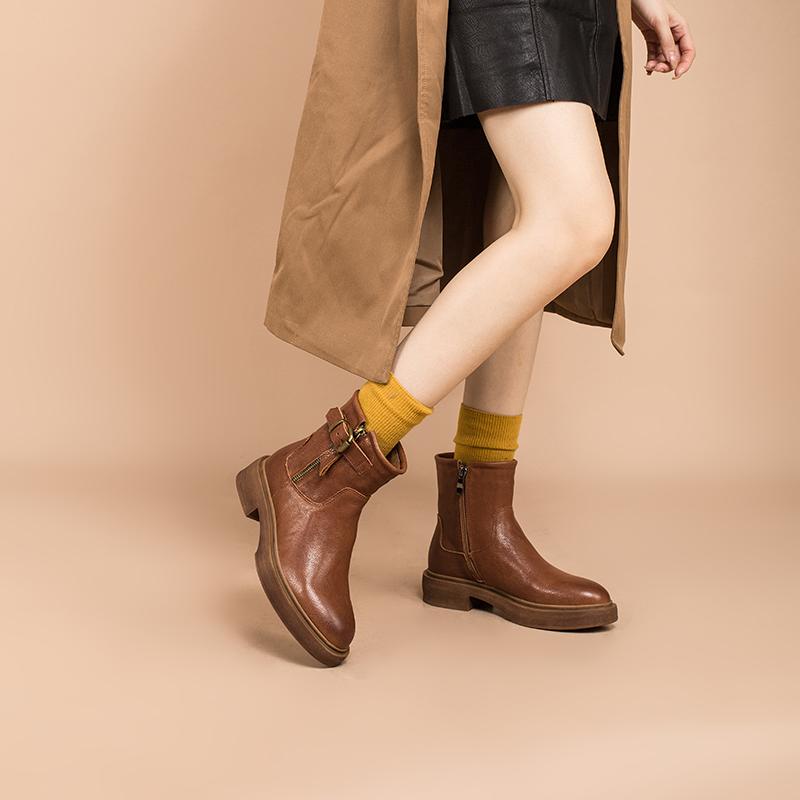 Full Grain Leather Short Boots Designer Retro Chunky Riding Boots Side Zip Buckle Boots Brown/Black