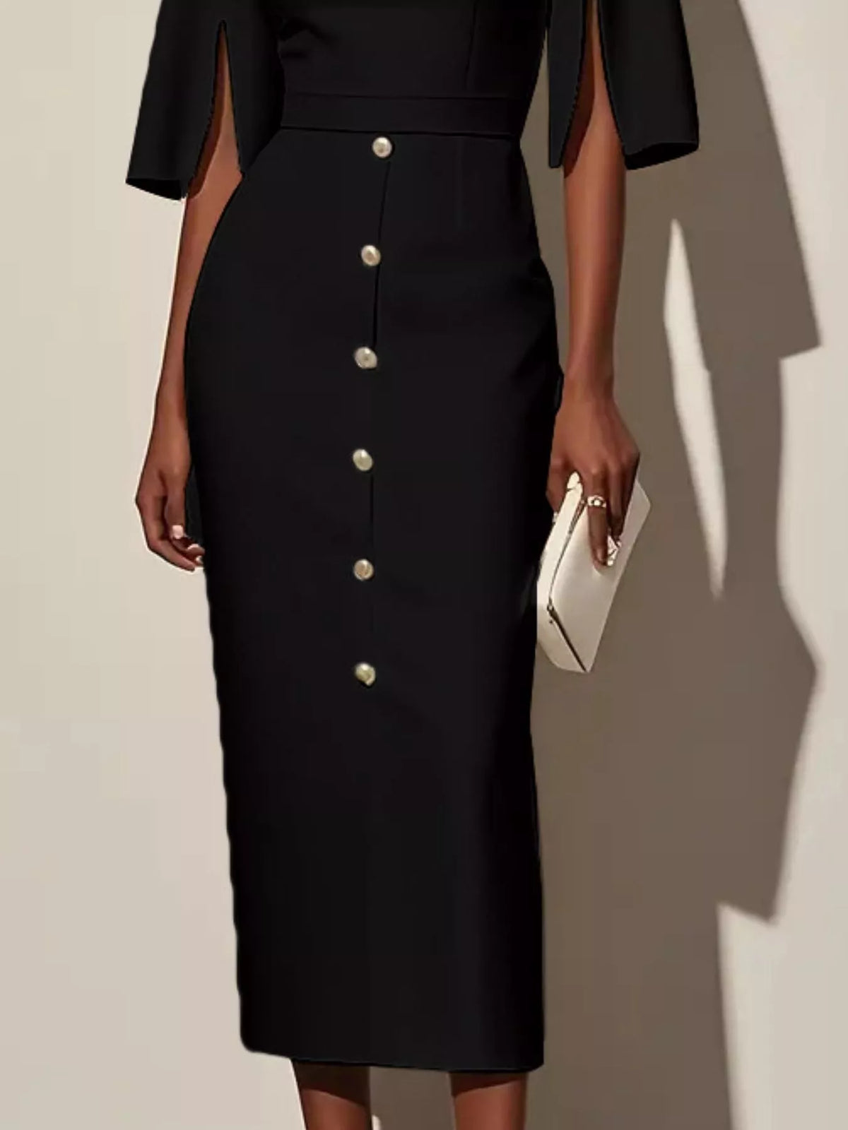 Boat Neck Split Sleeve Belted Button Front Pencil Midi Dress 6