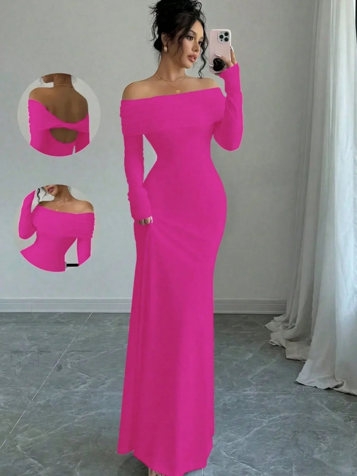 Fold Over Off Shoulder Long Sleeve Twist Back Bodycon Maxi Dress 19