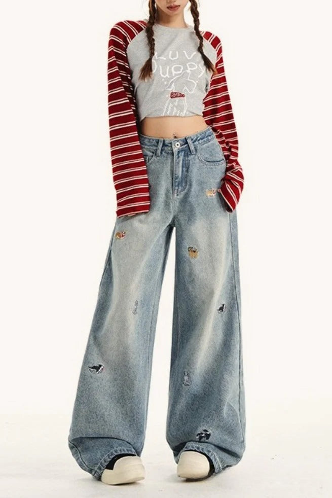 Embroidered Wide-Leg Denim Jeans