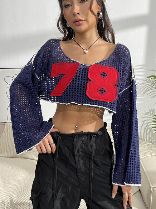 Number Patch Open Knit Flare Sleeve Contrast Trim Crop Top 4
