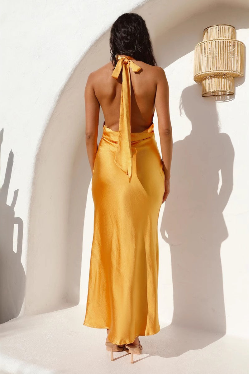Halter Satin Solid Slim-Fit Cocktail Silk Dress - View 3
