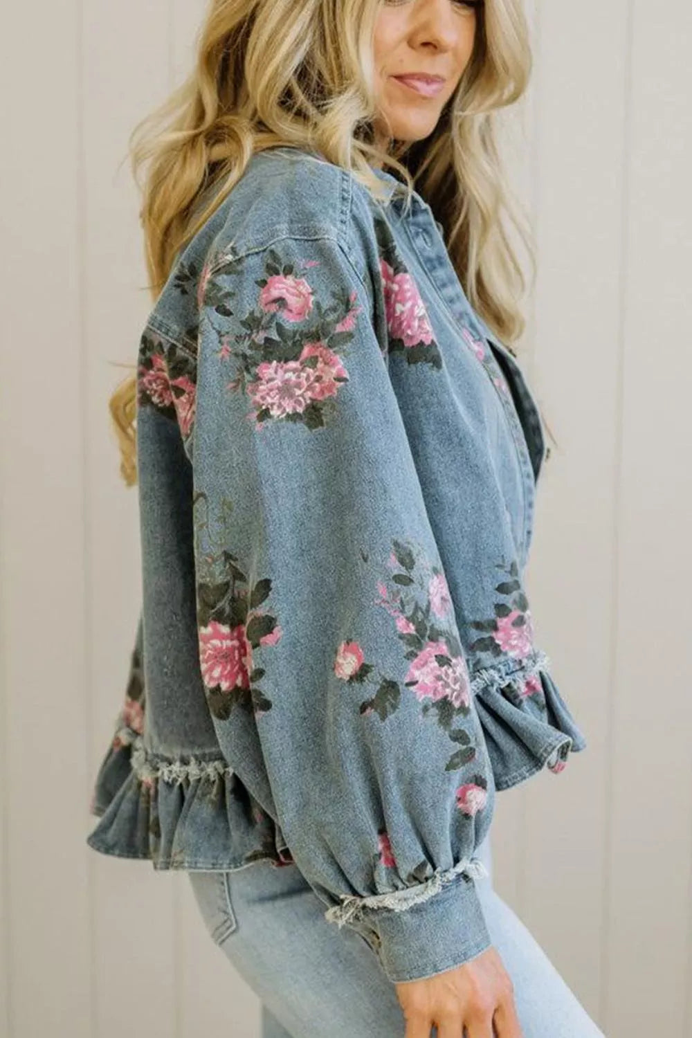 Floral Print Button Front Frayed Ruffle Hem Denim Jacket 3