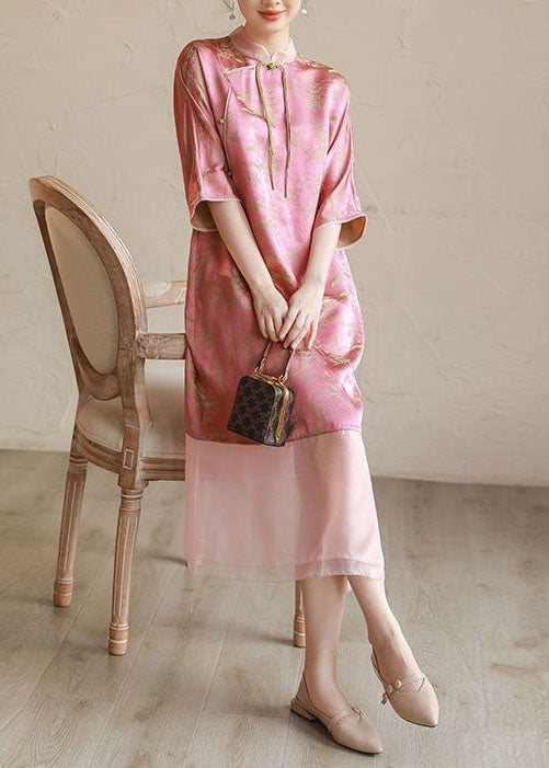 Jacquard Mandarin Collar Tassel Tie Three Quarter Sleeve Sheer Panel Hem Midi Dress