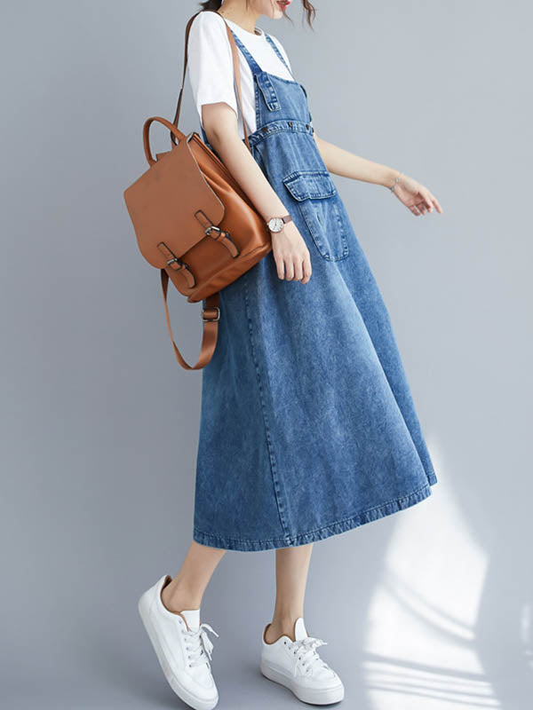 Denim Bib Strap Cargo Pocket Loose Fit Midi Overall Dress