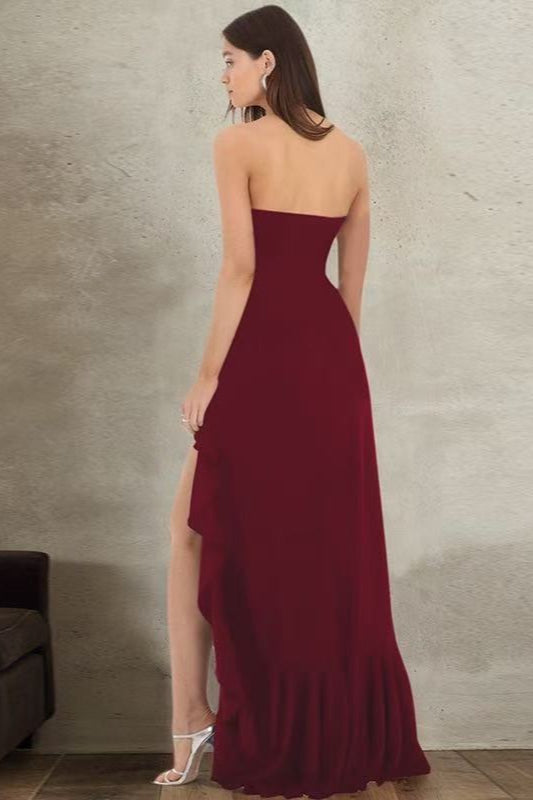 Strapless Ruffle High Slit High Low Maxi Dress