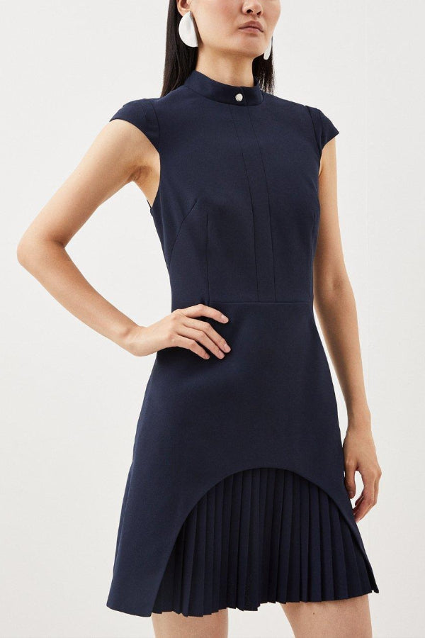 Ariana Chic Military Style Mini Dress with Cap Sleeves, Stand Up Collar and Patchwork Pleated Hem Silhouette Collection