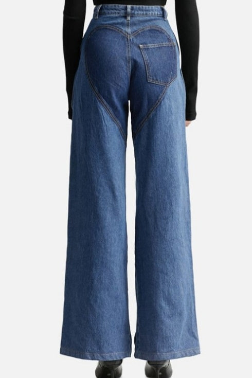 Hollow Button Patchwork Wide Leg Jeans