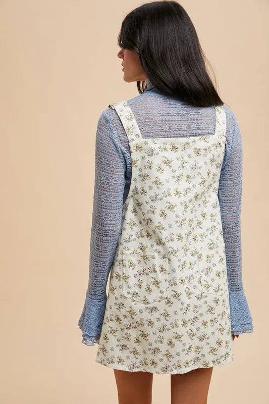 Ditsy Floral Print Denim-Look Buckle Strap Overall Mini Dress 9