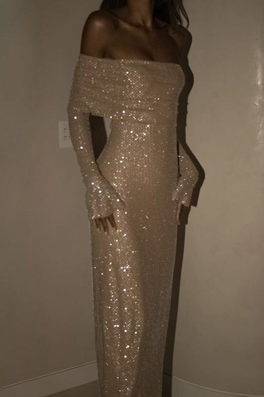 Rhinestone Off Shoulder Long Sleeve Bodycon Midi Dress - View 8