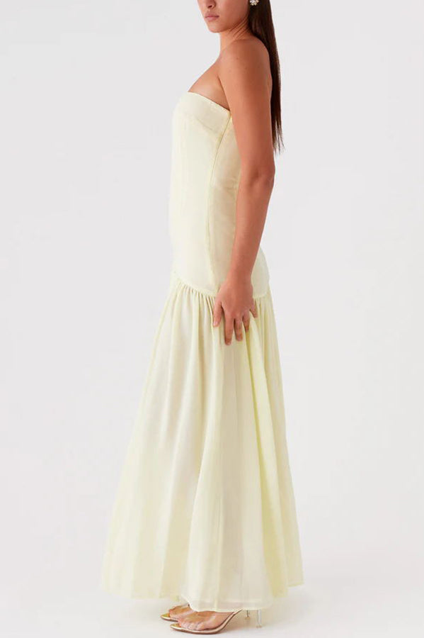 Strapless Drop Waist Gathered Skirt High Split Maxi Dress 18