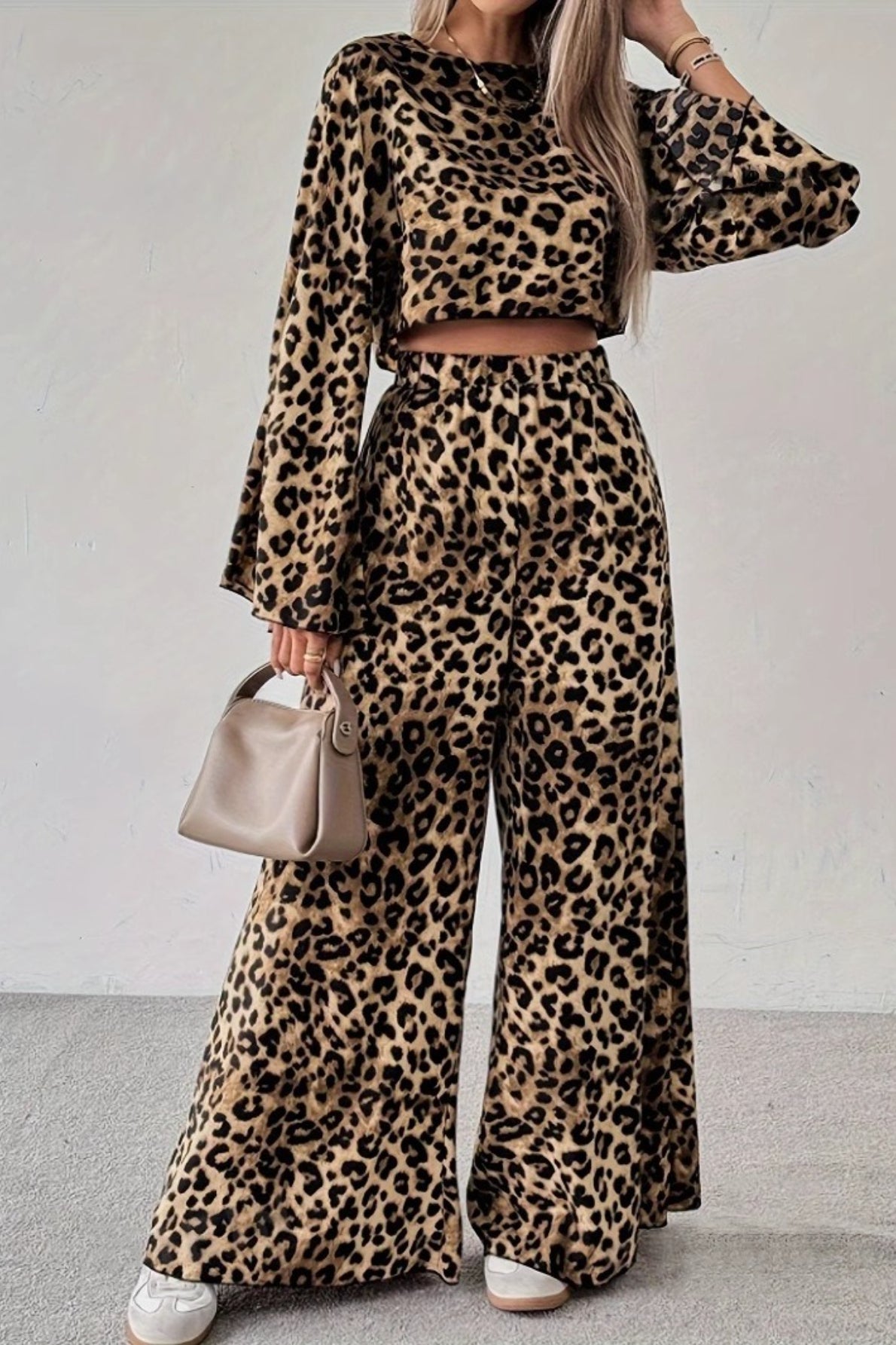 Leopard Print Bell Sleeve Crop Top and Wide Leg Pants Two Piece Set