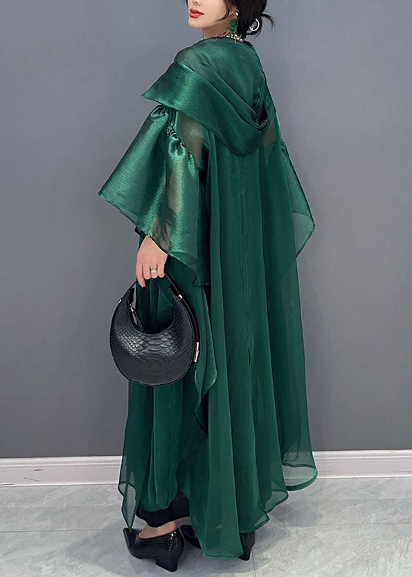 Sheer Pointed Collar Bell Sleeve Tiered Ruffle Oversized Midi Dress