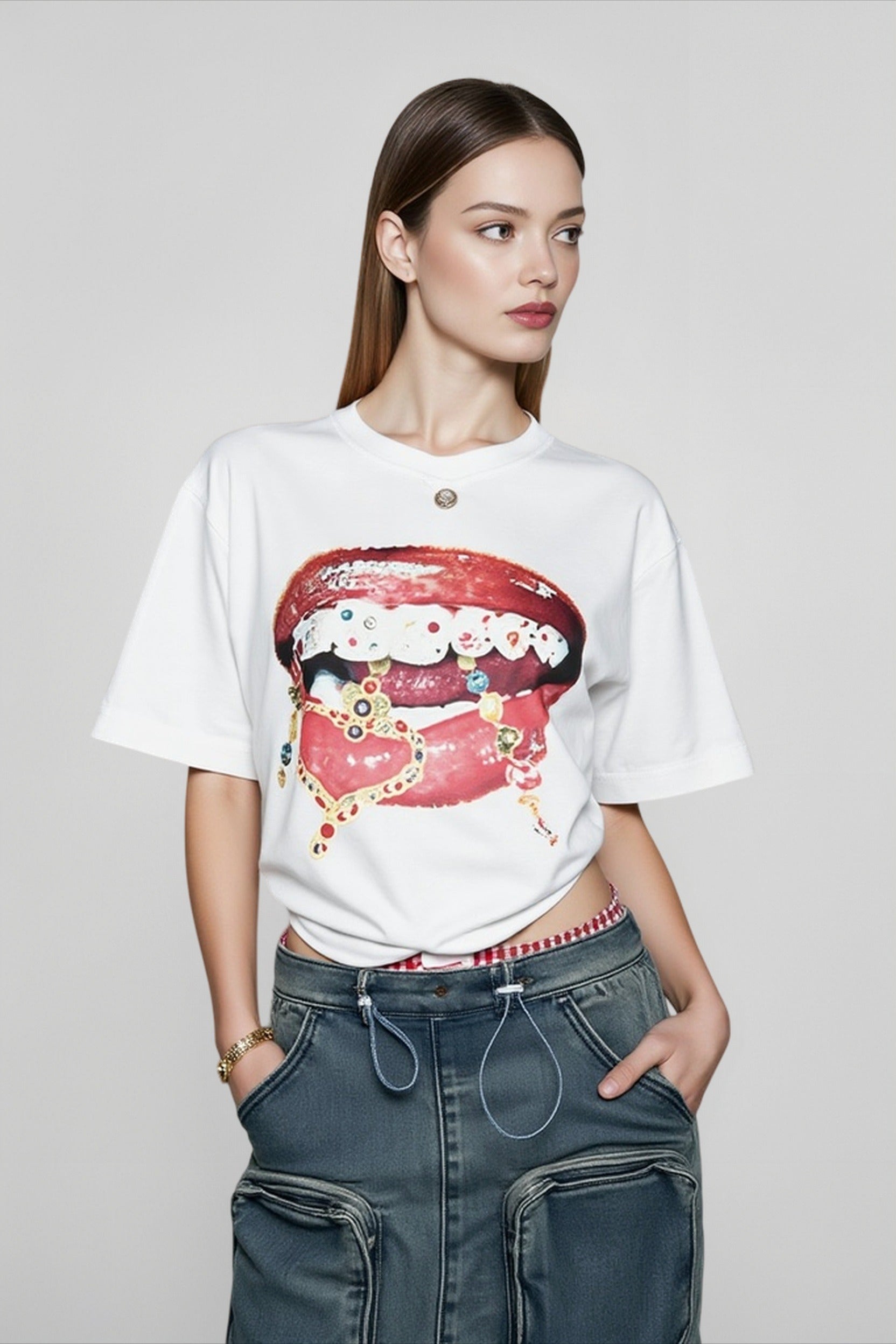 Lips Print Colorblock Top