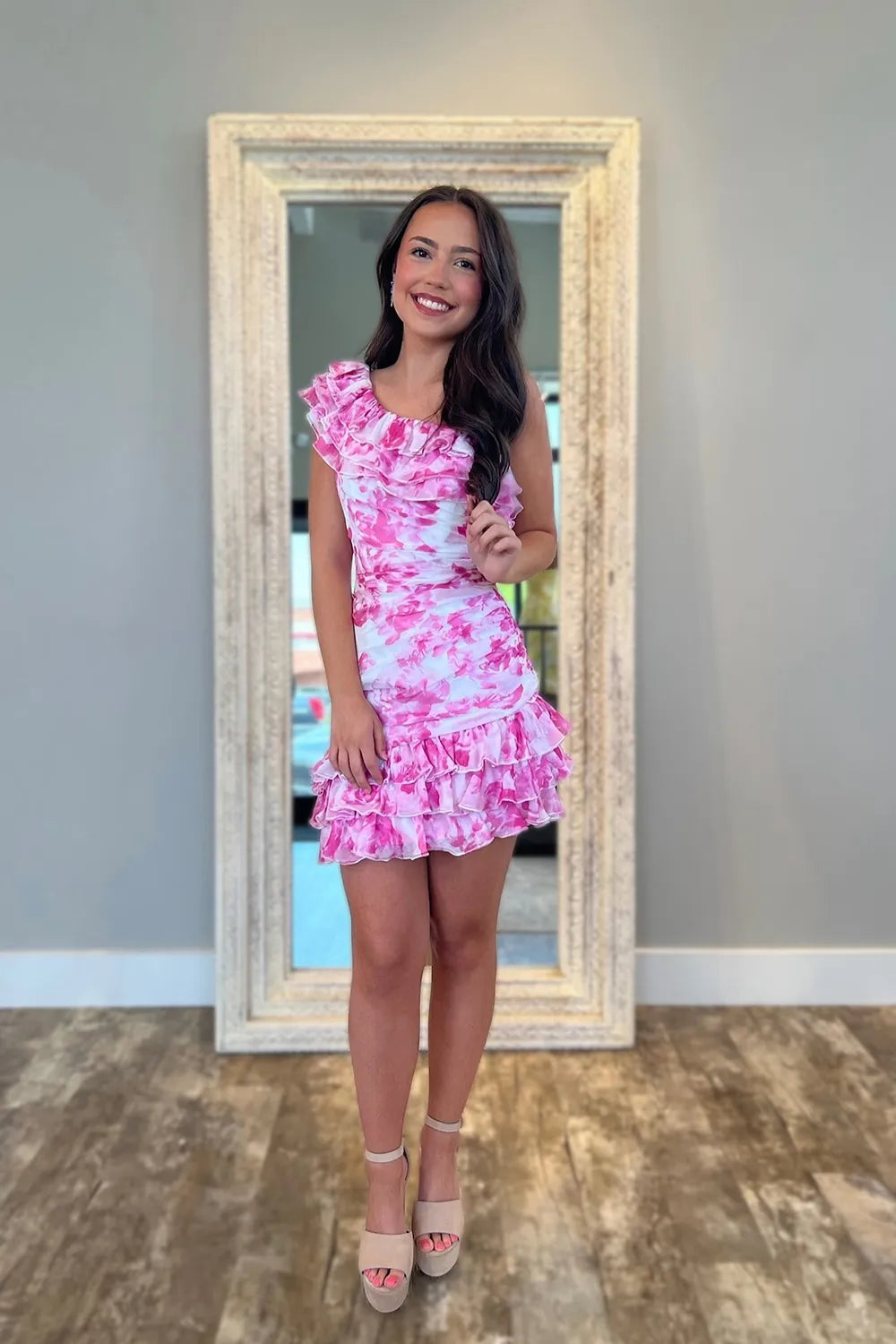 Chic Sheath One Shoulder Pink Foral Printed Short Homecoming Dress with Ruffles