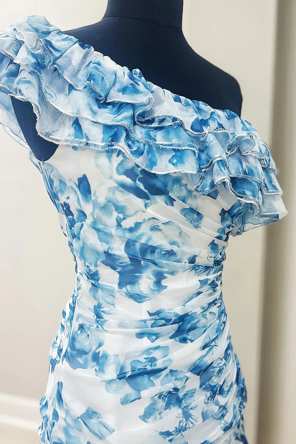 Chic Sheath One Shoulder Pink Foral Printed Short Homecoming Dress with Ruffles
