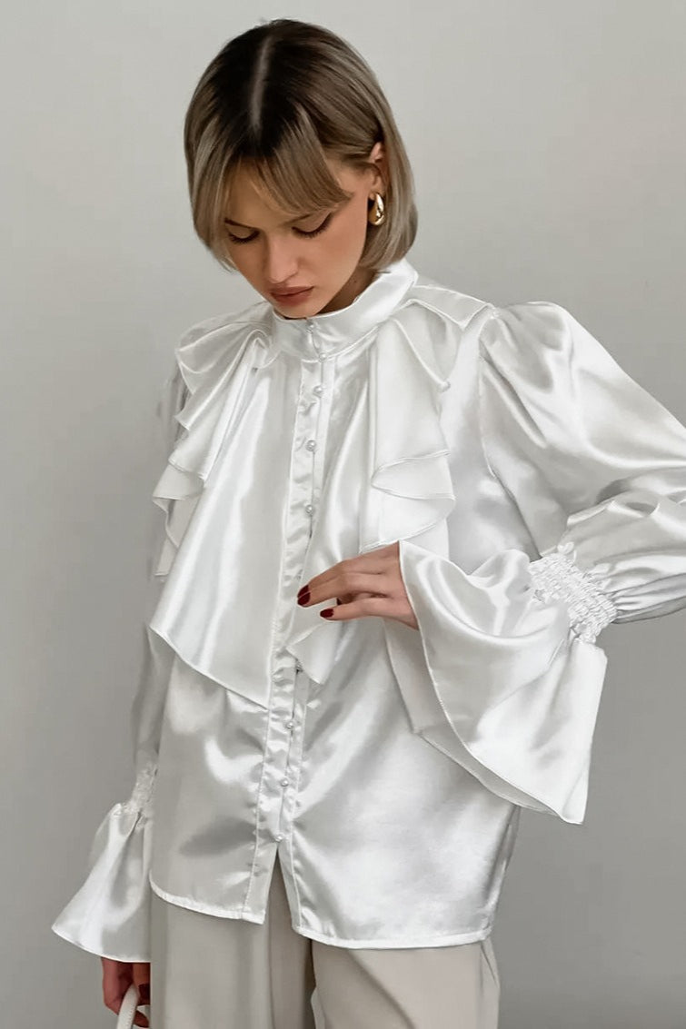 Satin Ruffle Front Stand Collar Smocked Flare Cuff Button Blouse 2