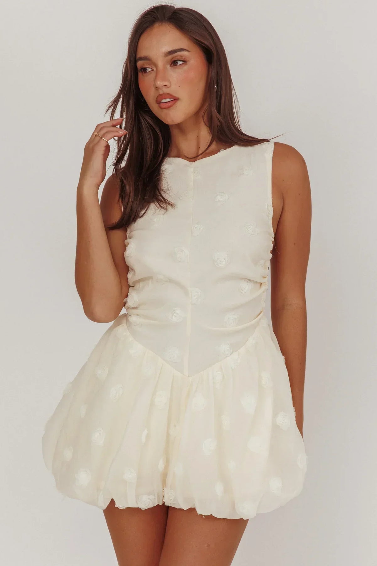 3D Rose Applique Sleeveless Open Back Bubble Hem Mini Dress 5