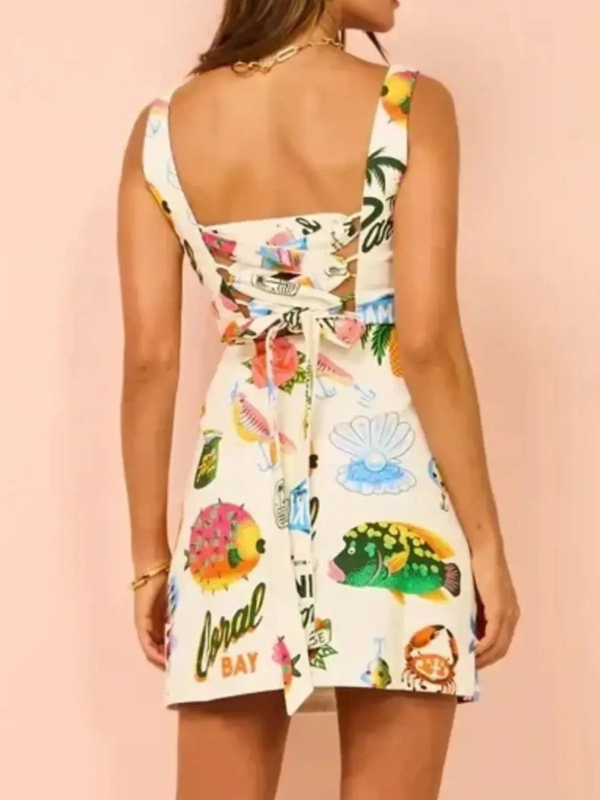 Tropical Novelty Print Square Neck Wide Strap A-Line Mini Dress 9