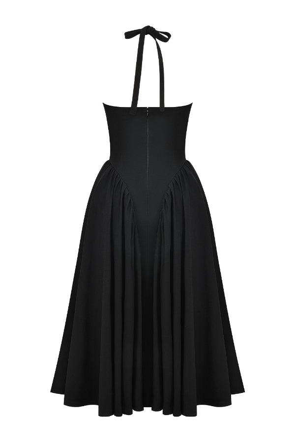 Timeless Lilly Solid a Line Halter Midi Dresses with Deep V Neck Boutique Dress Collection
