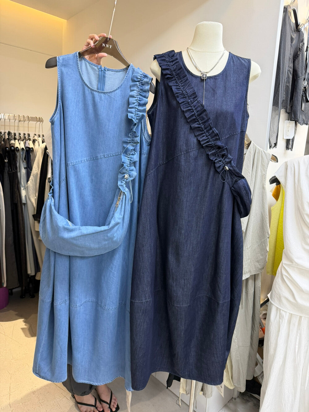 Denim Sleeveless Ruffle Trim A-Line Maxi Dress 12