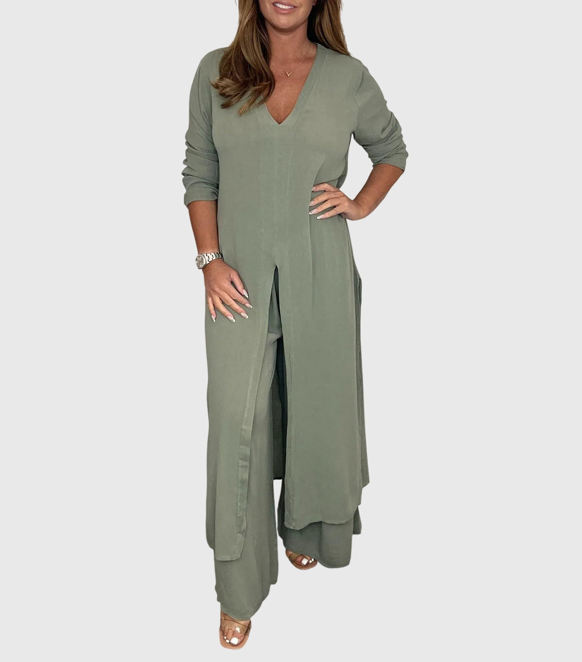 Long Sleeve Side Slit Longline Top and Wide Leg Pants Two Piece Set