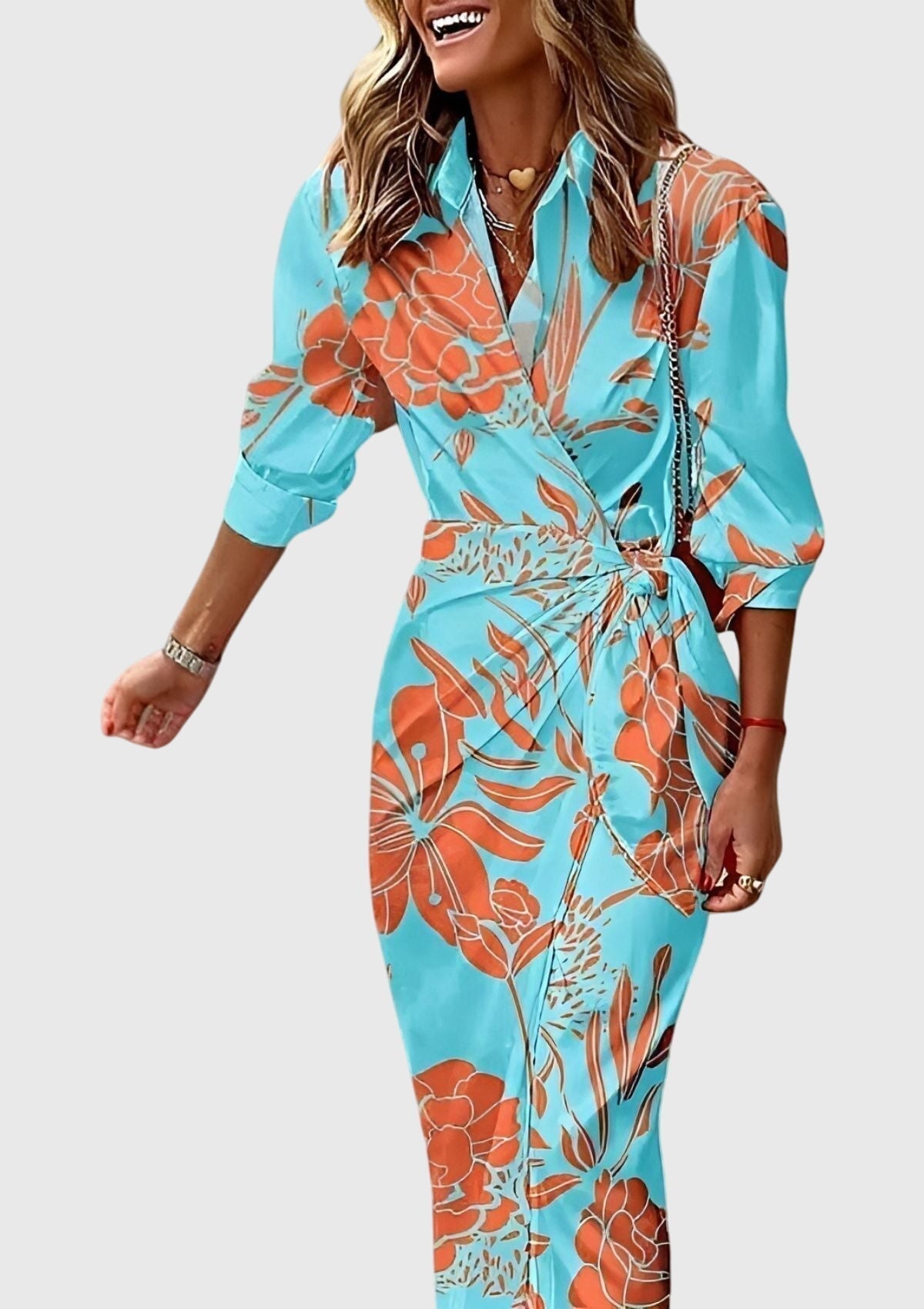 Geometric Print Collared Long Sleeve Wrap Tie Midi Dress 14