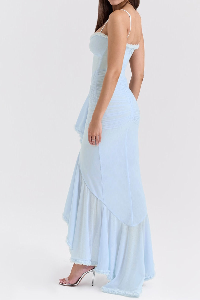 Spaghetti Strap Ruffle Trim High Low Asymmetrical Mini Party Dress