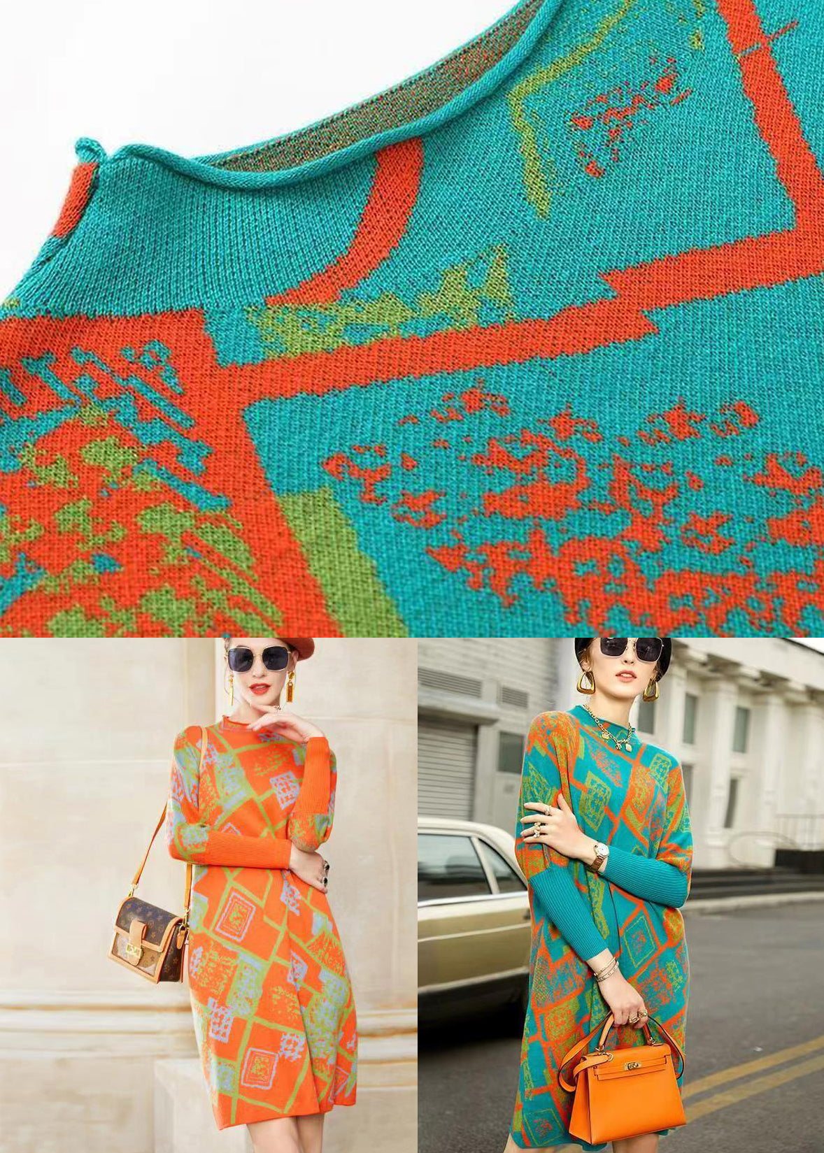 Geometric Pattern Knit Mock Neck Batwing Sleeve Ribbed Cuff Shift Midi Dress