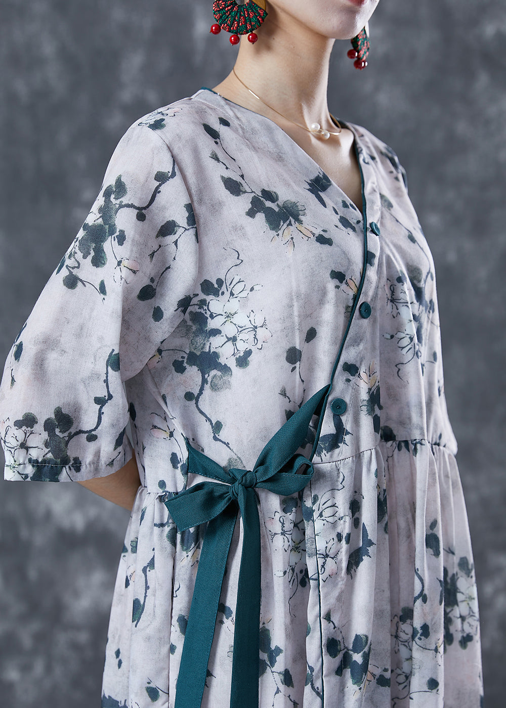 Floral Print V-Neck Wrap Side Tie Three Quarter Sleeve Pocket Midi Dress
