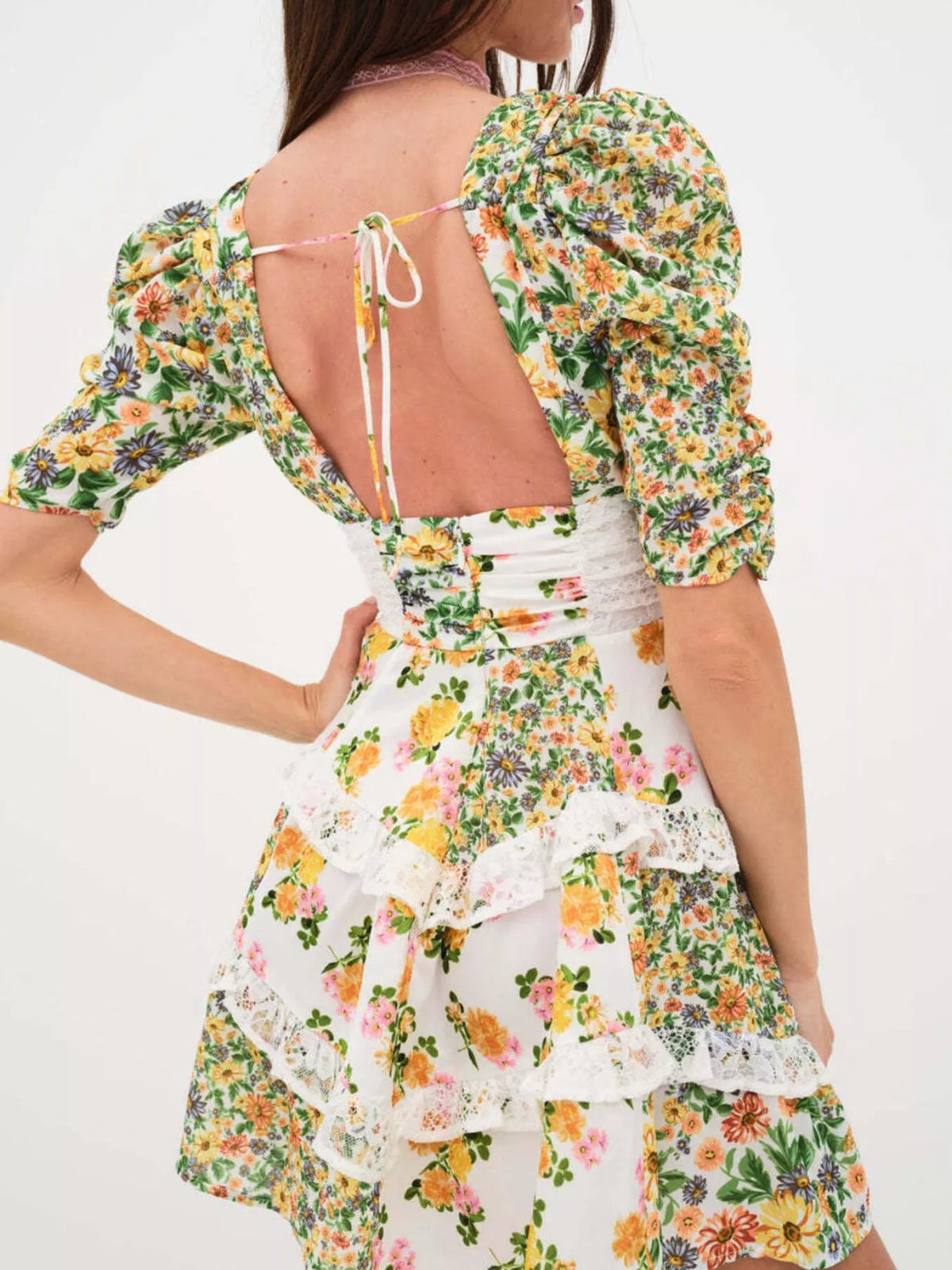 Floral Print Lace Trim Corset Waist Puff Sleeve Tiered Mini Dress 7