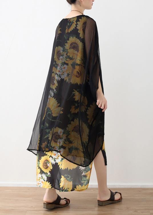 Faux Two-Piece Sunflower Print Sheer Overlay Kimono Sleeve Maxi Dress