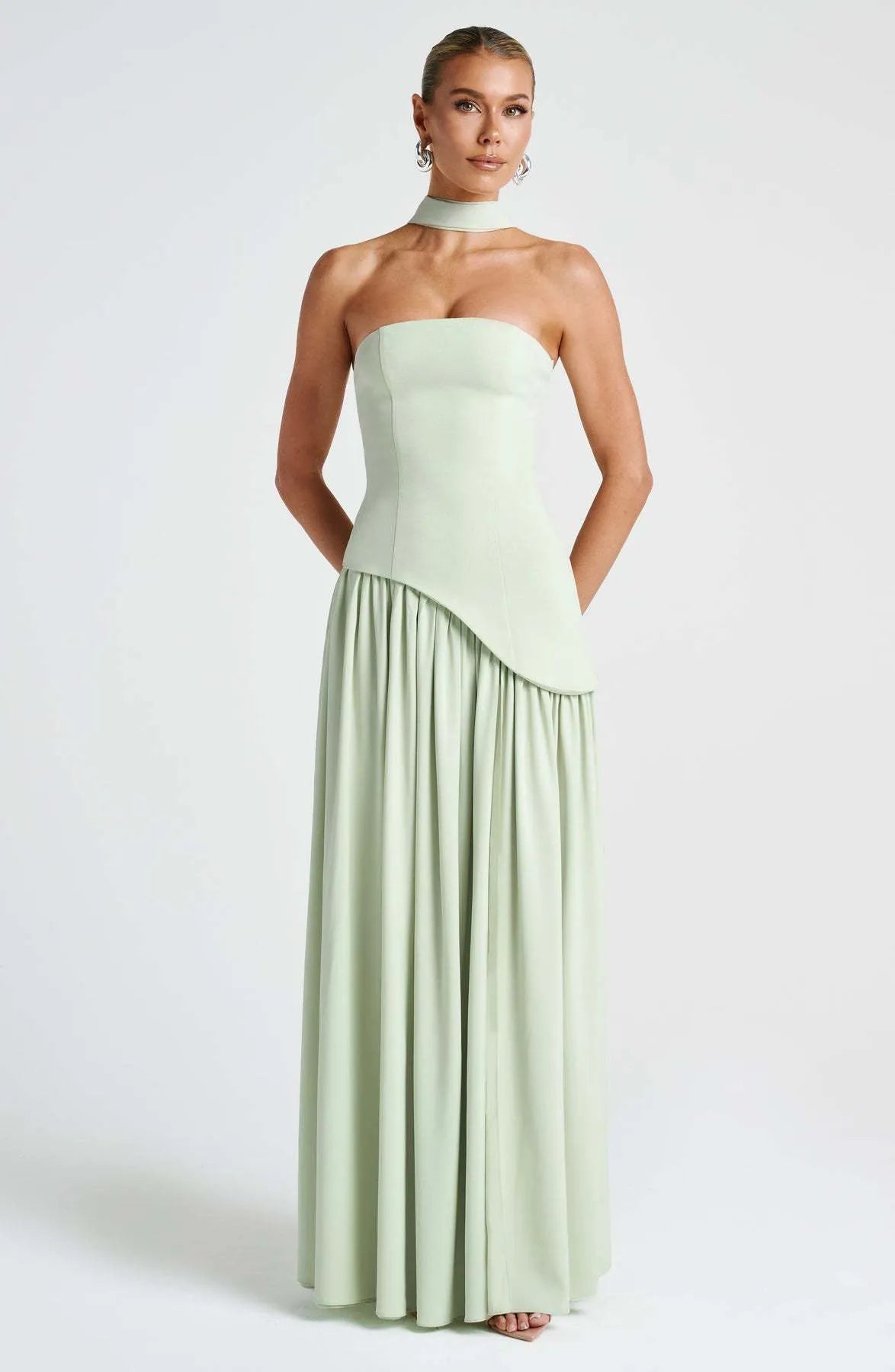 Strapless Asymmetric Drop Waist High Split Maxi Dress with Scarf 36