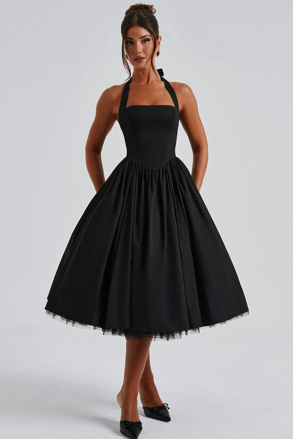 Halter Neck Basque Waist Pocket Gathered A-Line Midi Party Dress