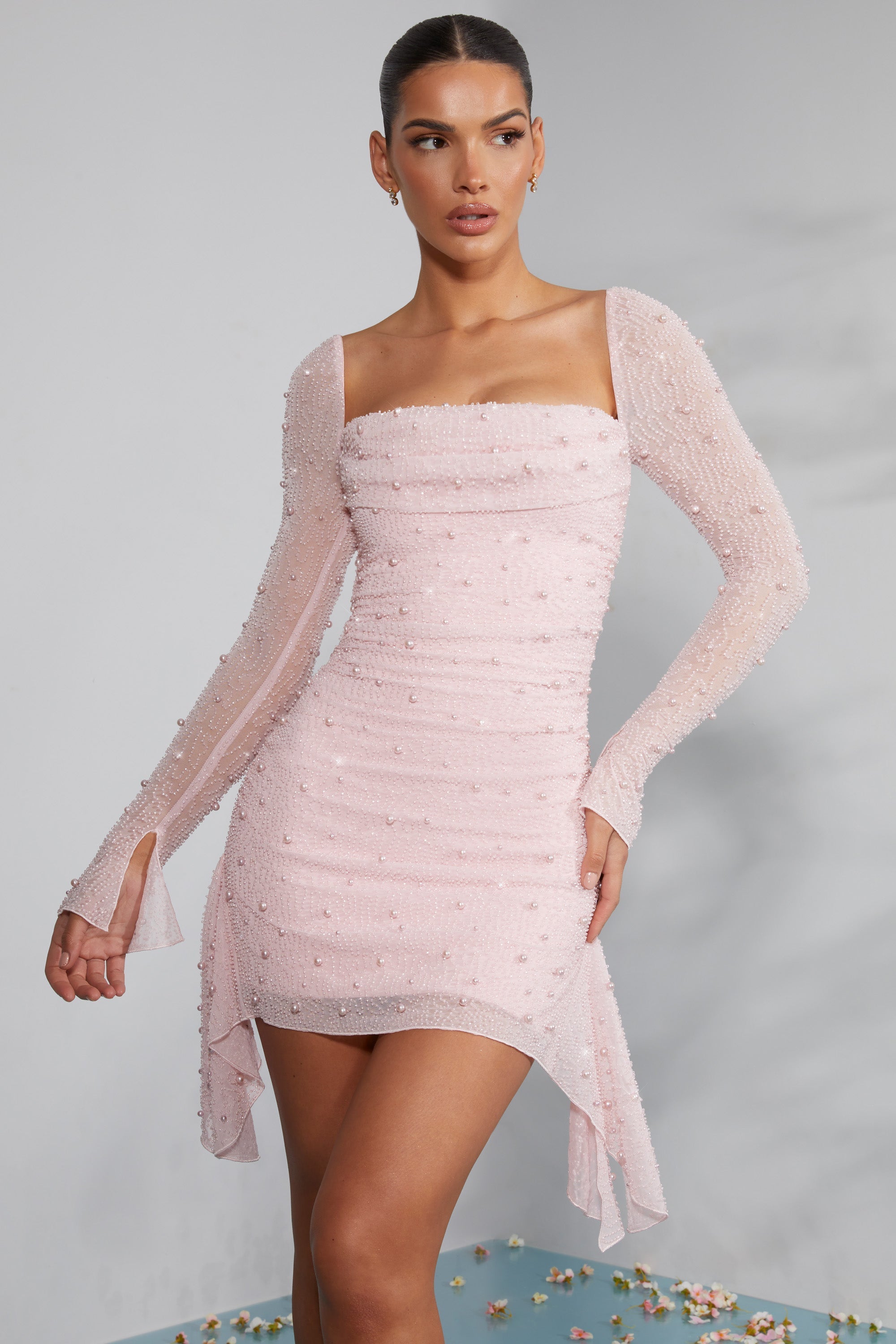 Pearl Embellished Square Neck Long Sleeve Ruched Mesh Asymmetric Mini Dress