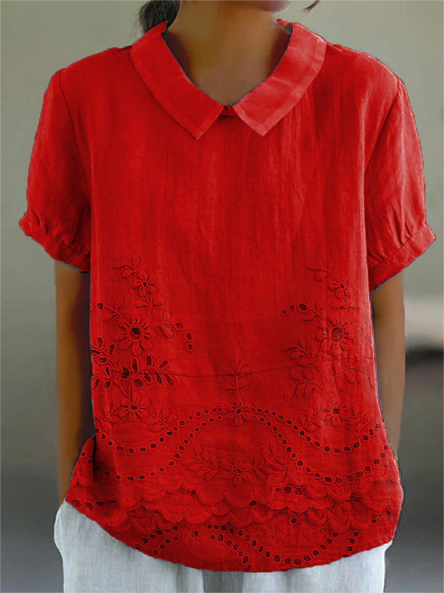 Collared Short Sleeve Eyelet Embroidered Scalloped Hem Blouse